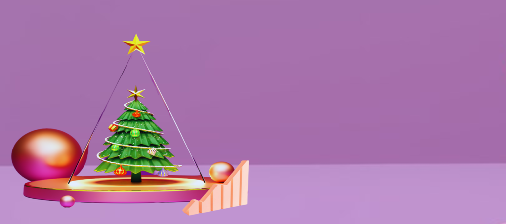 Árbol de Navidad con tendencia de crecimiento y decoración festiva sobre fondo lila.